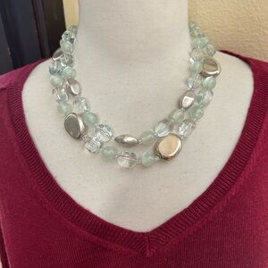 Premier Designs Beaded Coastal Necklace Silver Blue Clear Beads Double Strand